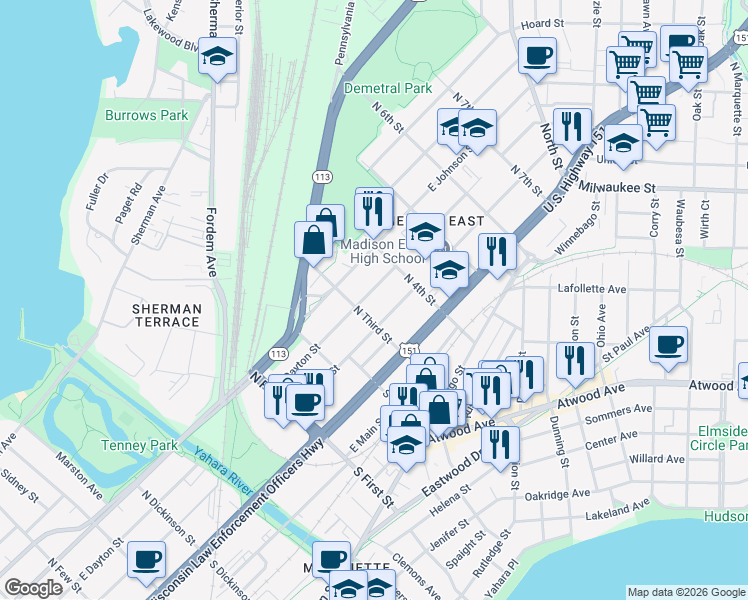 map of restaurants, bars, coffee shops, grocery stores, and more near 2122 East Mifflin Street in Madison
