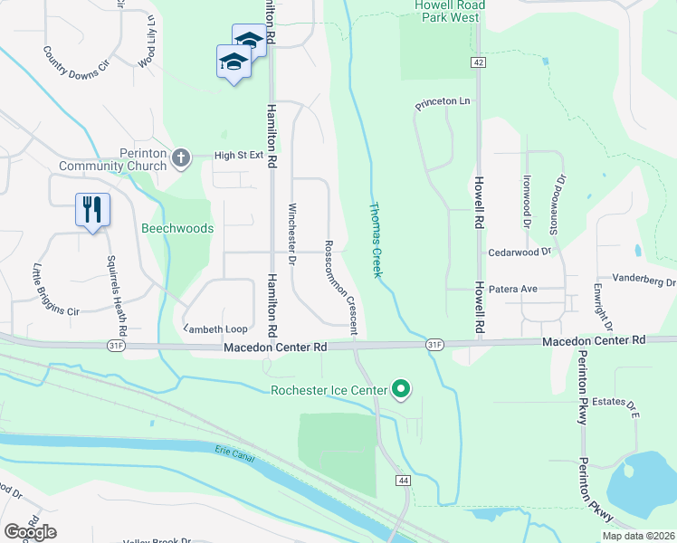 map of restaurants, bars, coffee shops, grocery stores, and more near 26 Rosscommon Crescent in Fairport
