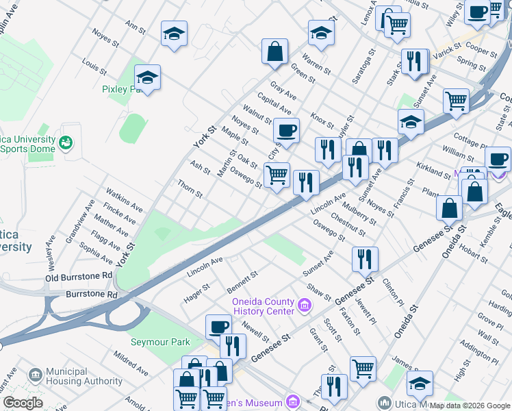 map of restaurants, bars, coffee shops, grocery stores, and more near 1509 Lenox Avenue in Utica