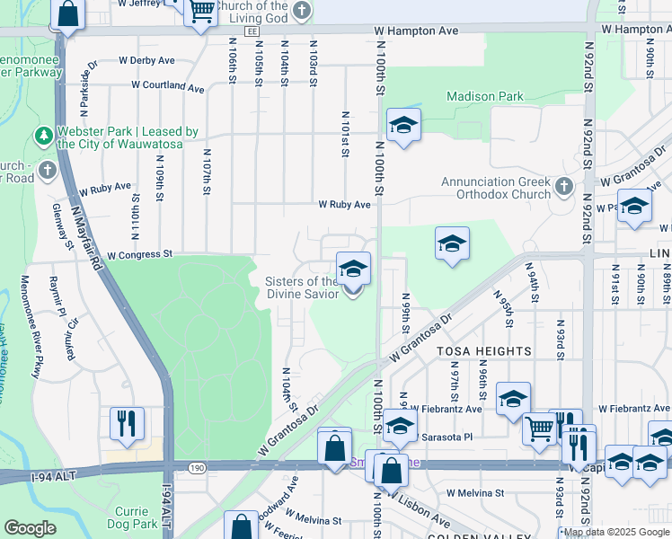 map of restaurants, bars, coffee shops, grocery stores, and more near 10201 West Congress Street in Milwaukee