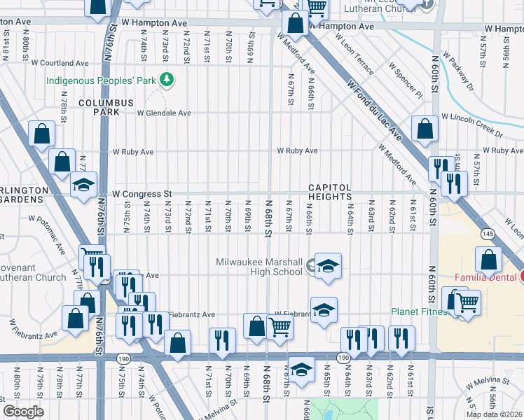 map of restaurants, bars, coffee shops, grocery stores, and more near 4347 North 68th Street in Milwaukee