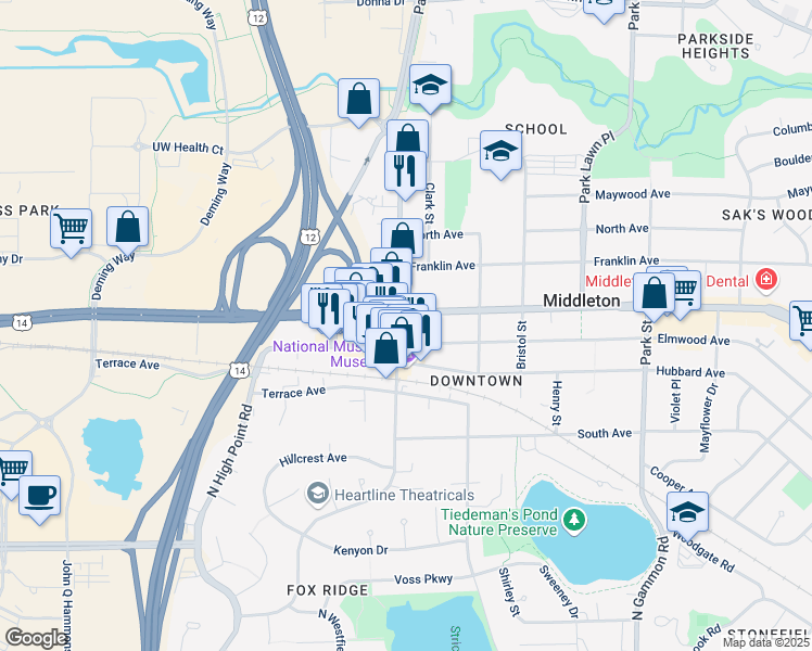 map of restaurants, bars, coffee shops, grocery stores, and more near 7447 University Avenue in Middleton