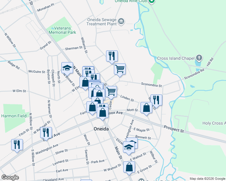 map of restaurants, bars, coffee shops, grocery stores, and more near 124 Cedar Street in Oneida