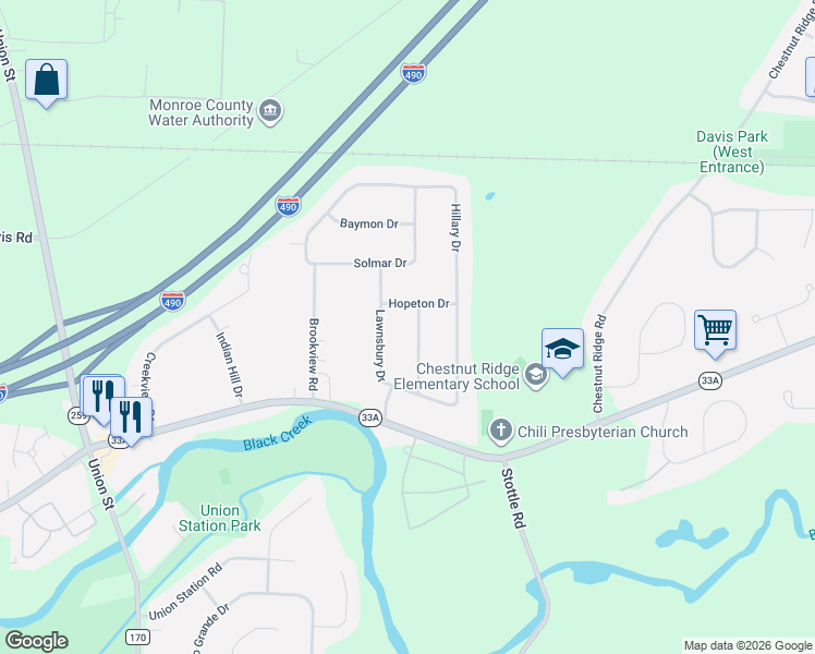 map of restaurants, bars, coffee shops, grocery stores, and more near 29 Sunridge Drive in Rochester