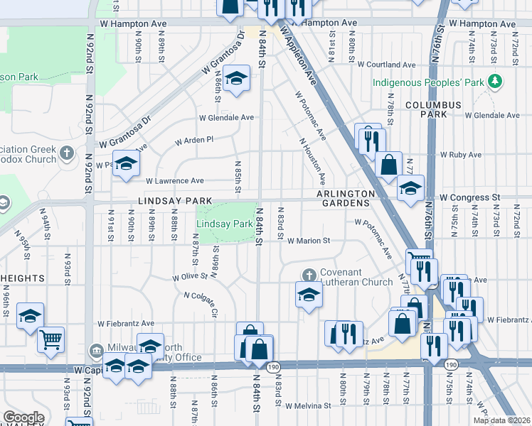 map of restaurants, bars, coffee shops, grocery stores, and more near 4356 North 84th Street in Milwaukee