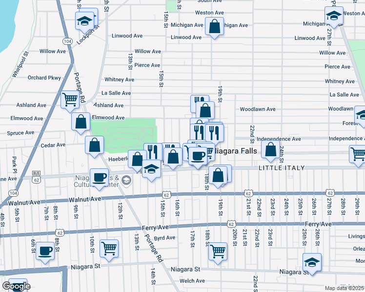 map of restaurants, bars, coffee shops, grocery stores, and more near 751 16th Street in Niagara Falls