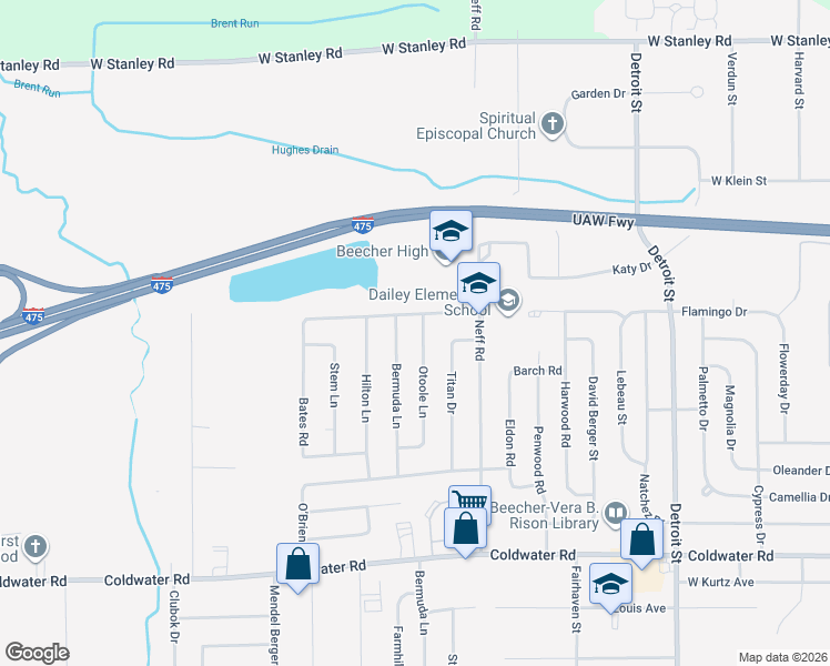 map of restaurants, bars, coffee shops, grocery stores, and more near 6229 Otoole Lane in Mount Morris
