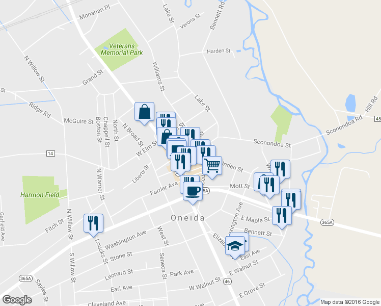 map of restaurants, bars, coffee shops, grocery stores, and more near 145 Madison St in Oneida