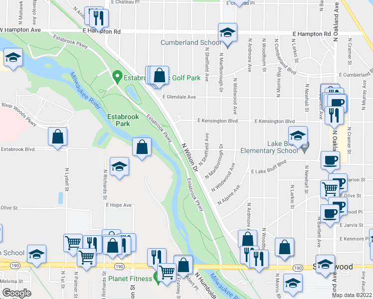 map of restaurants, bars, coffee shops, grocery stores, and more near N Wilson Dr in Milwaukee