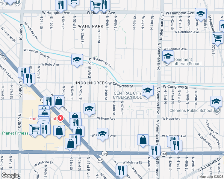 map of restaurants, bars, coffee shops, grocery stores, and more near 4359 North 48th Street in Milwaukee
