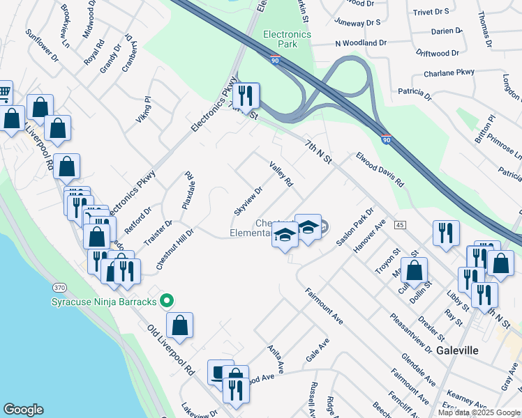 map of restaurants, bars, coffee shops, grocery stores, and more near 109 Lueck Lane in Liverpool