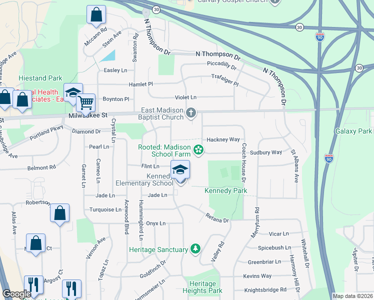 map of restaurants, bars, coffee shops, grocery stores, and more near 5013 Sudbury Way in Madison