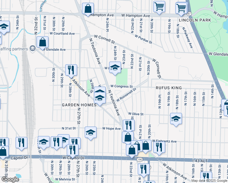 map of restaurants, bars, coffee shops, grocery stores, and more near 4346 North Teutonia Avenue in Milwaukee