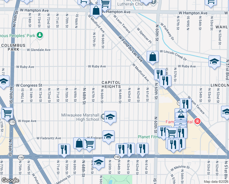 map of restaurants, bars, coffee shops, grocery stores, and more near 4350 North 65th Street in Milwaukee