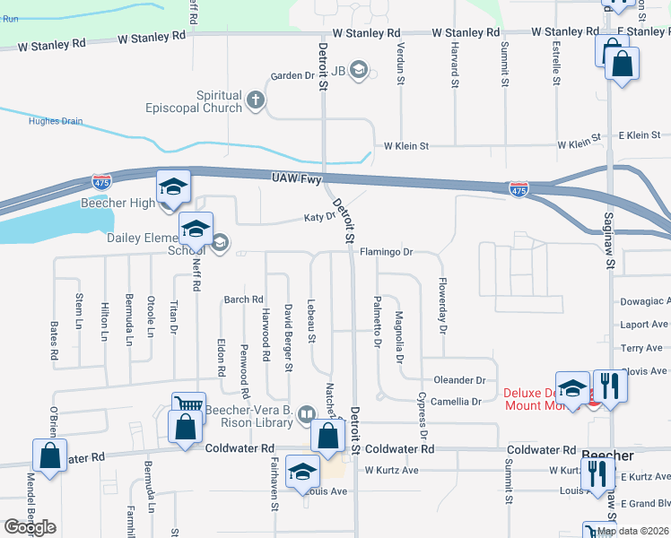 map of restaurants, bars, coffee shops, grocery stores, and more near 6230 Natchez Drive in Mount Morris