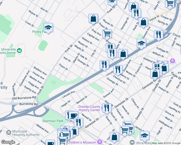 map of restaurants, bars, coffee shops, grocery stores, and more near 1509 Lenox Avenue in Utica