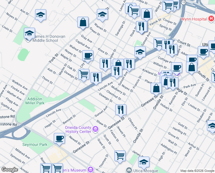 map of restaurants, bars, coffee shops, grocery stores, and more near 1419 Lincoln Ave in Utica