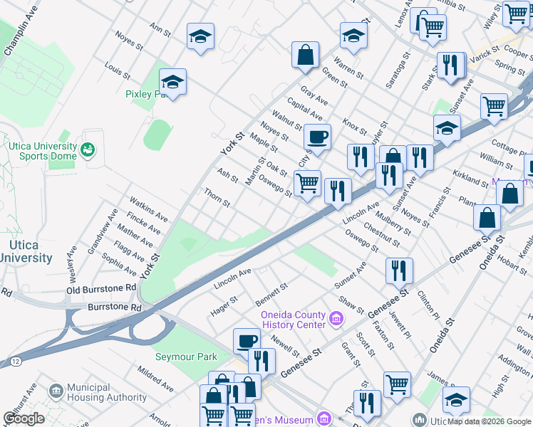 map of restaurants, bars, coffee shops, grocery stores, and more near 1524 City Street in Utica