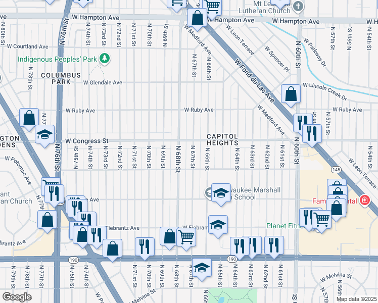 map of restaurants, bars, coffee shops, grocery stores, and more near 4349 North 67th Street in Milwaukee