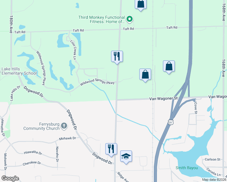 map of restaurants, bars, coffee shops, grocery stores, and more near 18055 174th Avenue in Spring Lake
