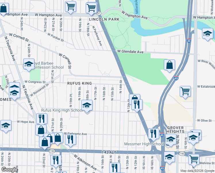 map of restaurants, bars, coffee shops, grocery stores, and more near 4374 North 16th Street in Milwaukee