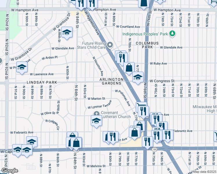map of restaurants, bars, coffee shops, grocery stores, and more near 4355 North 80th Street in Milwaukee