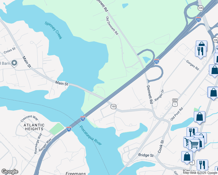 map of restaurants, bars, coffee shops, grocery stores, and more near 10 Bayview Lane in Kittery