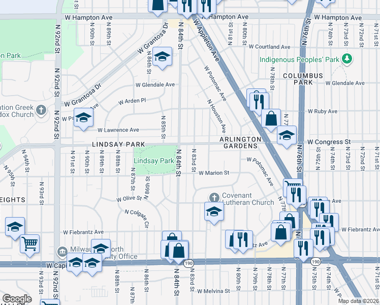 map of restaurants, bars, coffee shops, grocery stores, and more near 4356 North 84th Street in Milwaukee