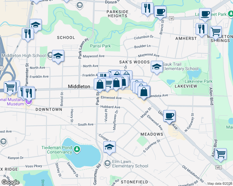 map of restaurants, bars, coffee shops, grocery stores, and more near 1914 Mayflower Drive in Middleton