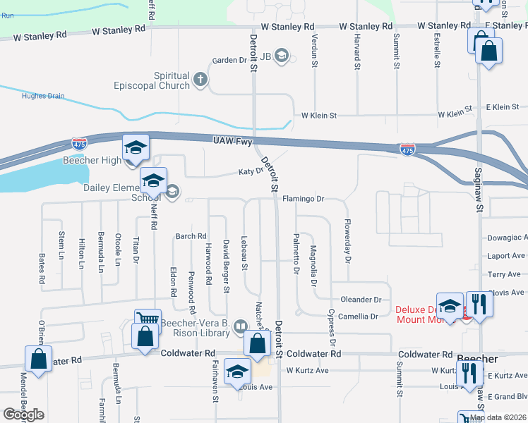 map of restaurants, bars, coffee shops, grocery stores, and more near 6230 Natchez Drive in Mount Morris