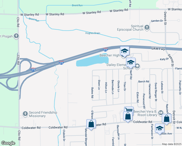 map of restaurants, bars, coffee shops, grocery stores, and more near 2323 Bates Road in Mount Morris