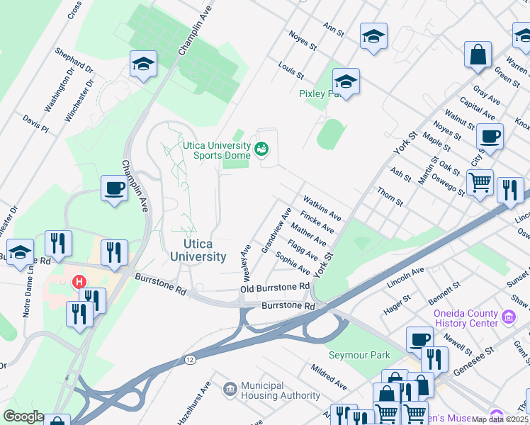 map of restaurants, bars, coffee shops, grocery stores, and more near 1628 Wesley Avenue in Utica
