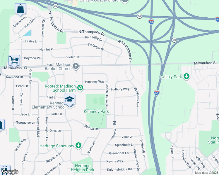 map of restaurants, bars, coffee shops, grocery stores, and more near 113 Coach House Drive in Madison