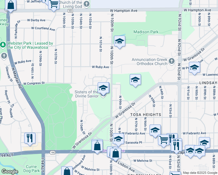 map of restaurants, bars, coffee shops, grocery stores, and more near 4341 North 100th Street in Milwaukee