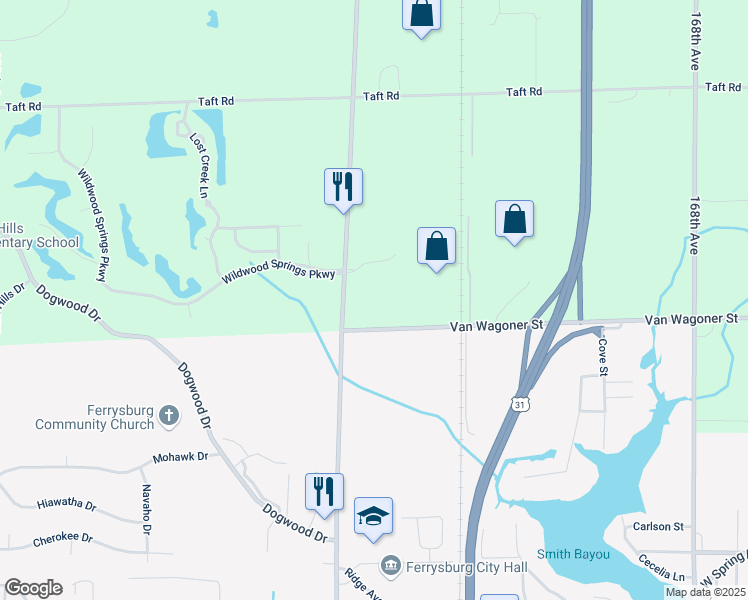 map of restaurants, bars, coffee shops, grocery stores, and more near 17357 Van Wagoner Street in Spring Lake