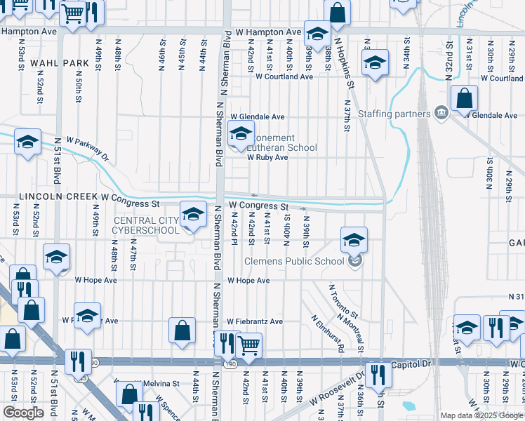 map of restaurants, bars, coffee shops, grocery stores, and more near 4359 North 41st Street in Milwaukee
