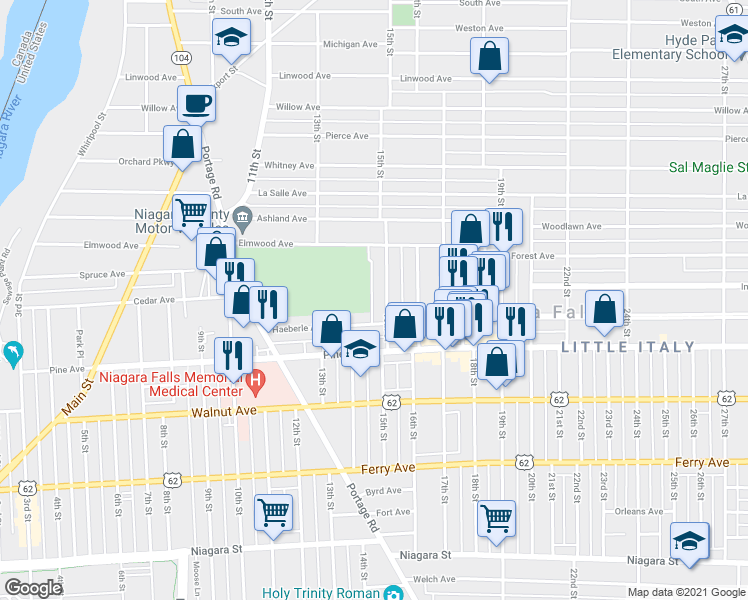 map of restaurants, bars, coffee shops, grocery stores, and more near 752 1/2 15th Street in Niagara Falls
