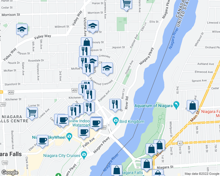 map of restaurants, bars, coffee shops, grocery stores, and more near 5401 Palmer Avenue in Niagara Falls