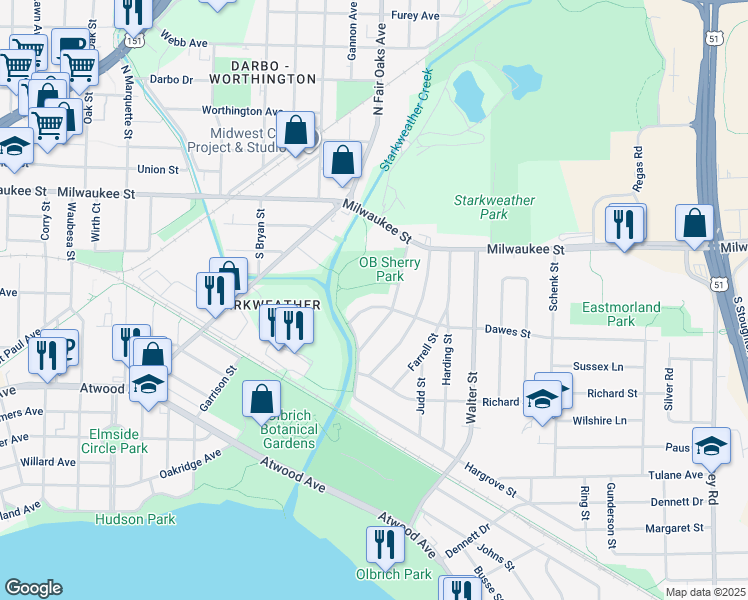 map of restaurants, bars, coffee shops, grocery stores, and more near 3430 Dawes Street in Madison