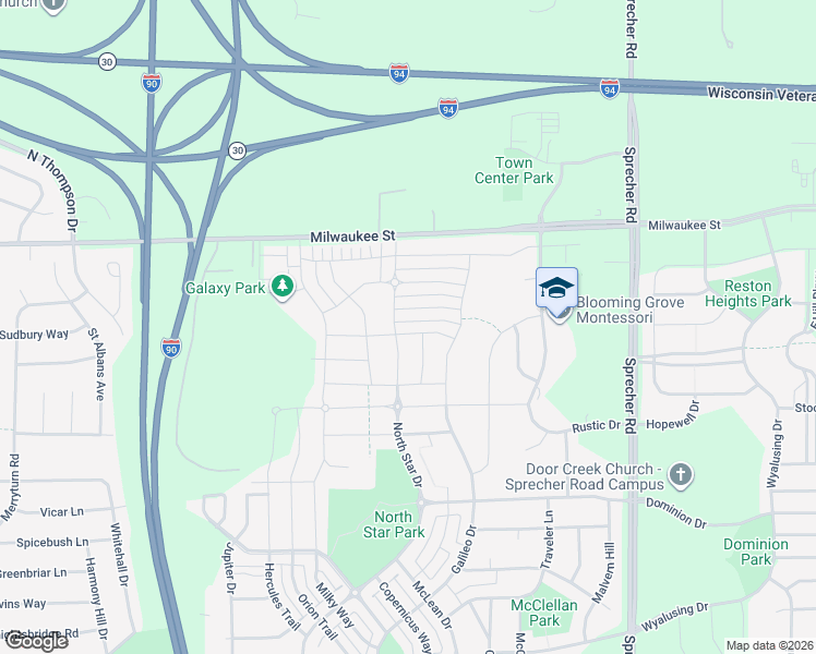 map of restaurants, bars, coffee shops, grocery stores, and more near 6106 Stoney Oak Lane in Madison