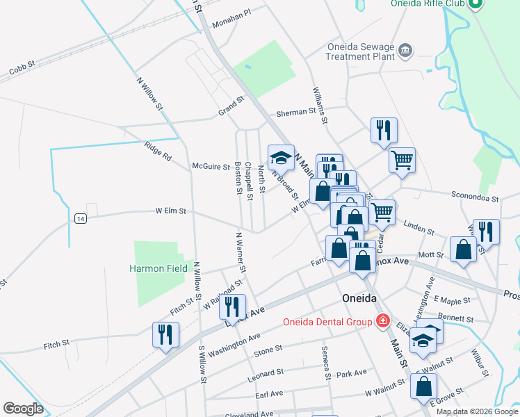 map of restaurants, bars, coffee shops, grocery stores, and more near 210 North Street in Oneida