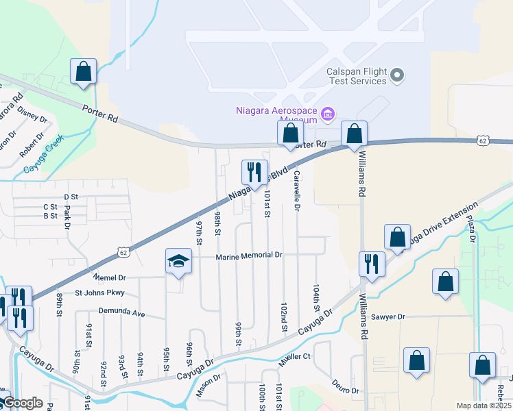 map of restaurants, bars, coffee shops, grocery stores, and more near 1736 100th Street in Niagara Falls