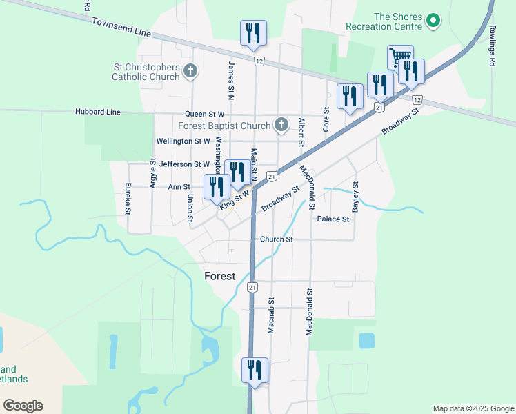 map of restaurants, bars, coffee shops, grocery stores, and more near 25 King Street West in Forest