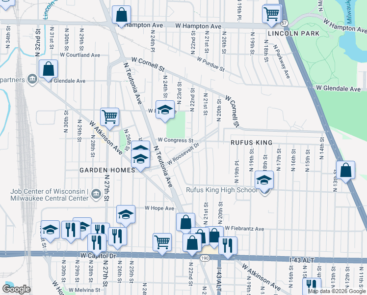 map of restaurants, bars, coffee shops, grocery stores, and more near 2236 West Roosevelt Drive in Milwaukee