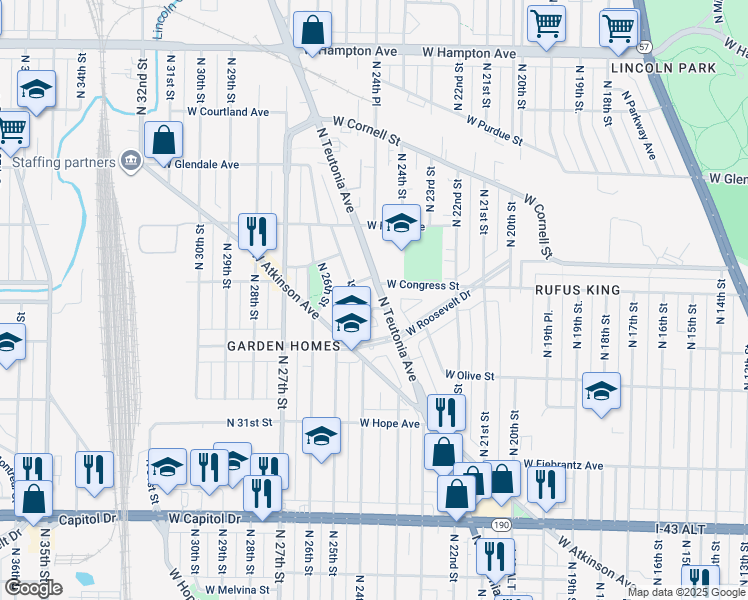 map of restaurants, bars, coffee shops, grocery stores, and more near 4353-4355 North 24th Place in Milwaukee