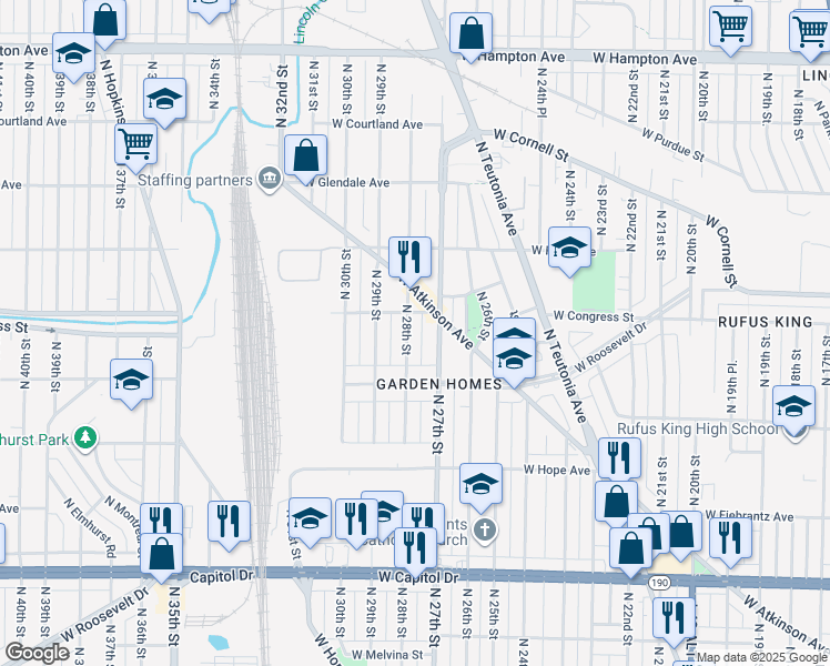 map of restaurants, bars, coffee shops, grocery stores, and more near 4352 North 28th Street in Milwaukee