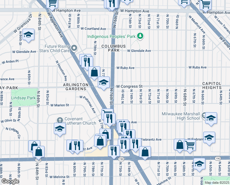 map of restaurants, bars, coffee shops, grocery stores, and more near 4346 North 76th Street in Milwaukee