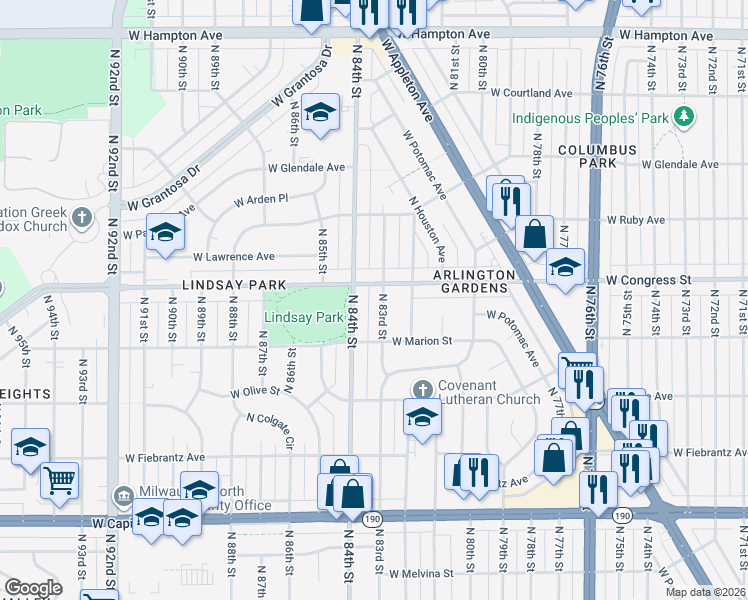 map of restaurants, bars, coffee shops, grocery stores, and more near 4356 North 84th Street in Milwaukee