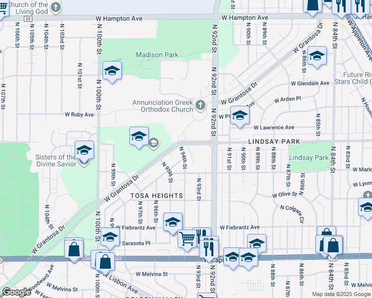 map of restaurants, bars, coffee shops, grocery stores, and more near 4352 North 94th Street in Wauwatosa