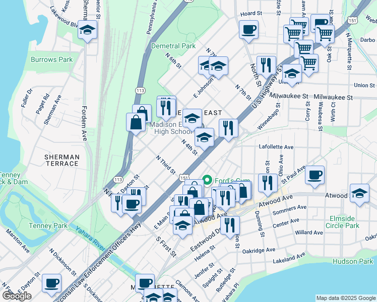 map of restaurants, bars, coffee shops, grocery stores, and more near 14 North 4th Street in Madison